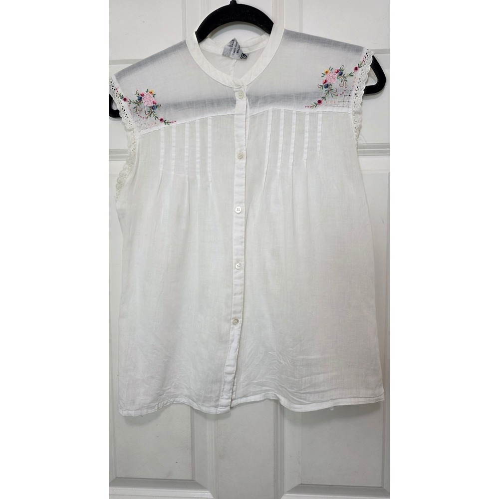 Sunbow Ltd Sleeveless Blouse Womens Medium White Cotton Floral Embroidered‎ Lace
